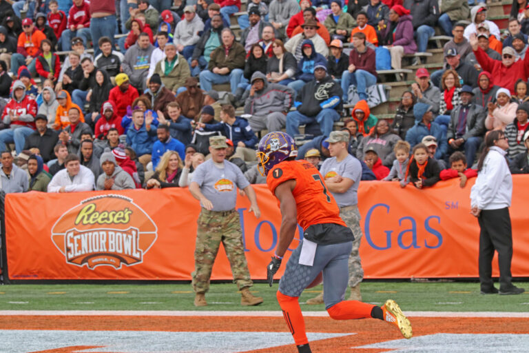 ECU wide receiver Zay Jones sprinting in the end zone during the 2017 Senior Bowl