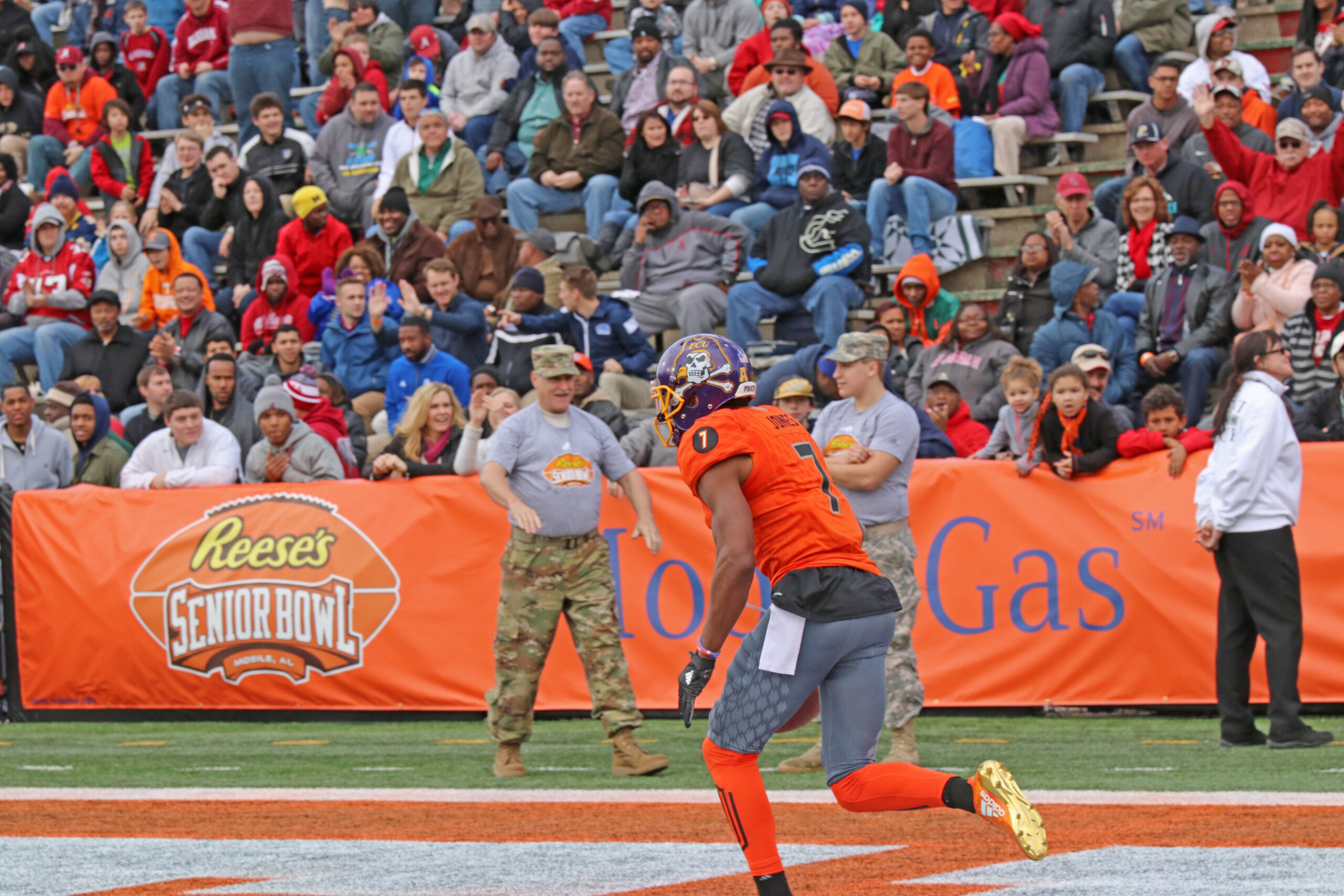 ECU wide receiver Zay Jones sprinting in the end zone during the 2017 Senior Bowl