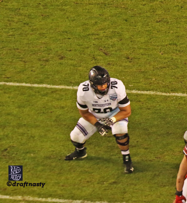 Rashawn Slater sits in his stance during the third quarter of the 2018 Holiday Bowl