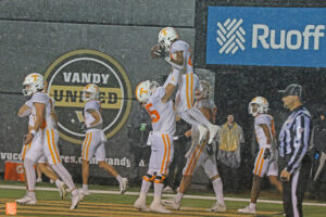 Tennessee freshman RB Dylan Sampson gets lifted up after a TD run