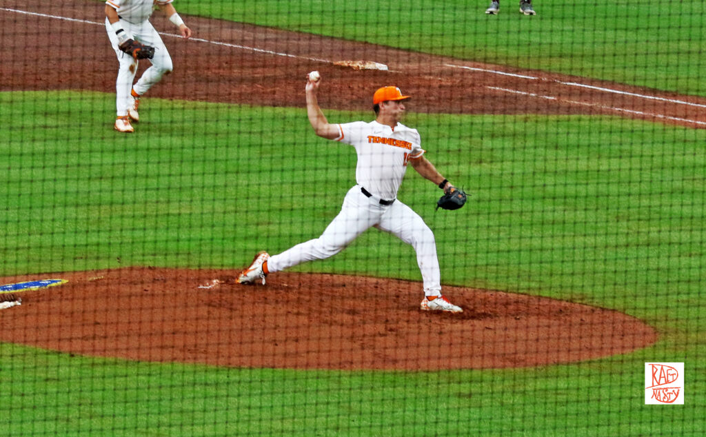 Tennessee RHP Seth Halvorsen pitching from the mound in the 2023 SEC Tournament