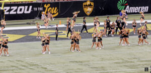 Missouri's cheerleading squad performs during a 2023 contest versus Memphis